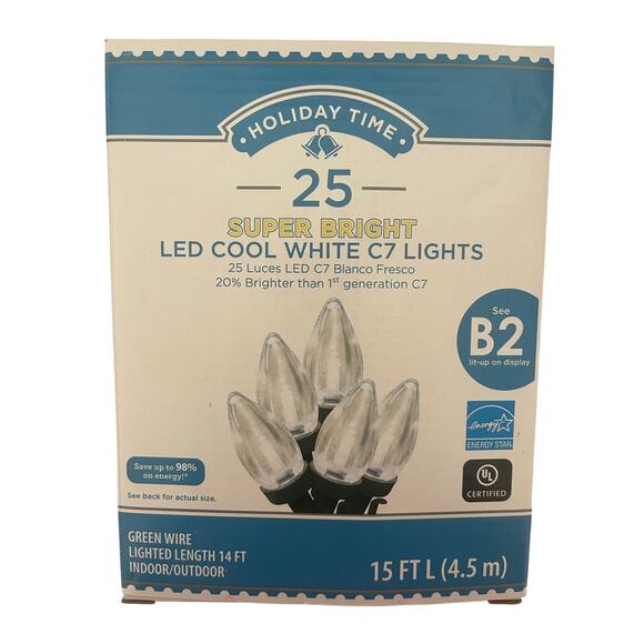 Holiday Time 25-Count Super Bright LED Cool White C7 Lights 15 ft - Lot of 2 - Picture 1 of 6